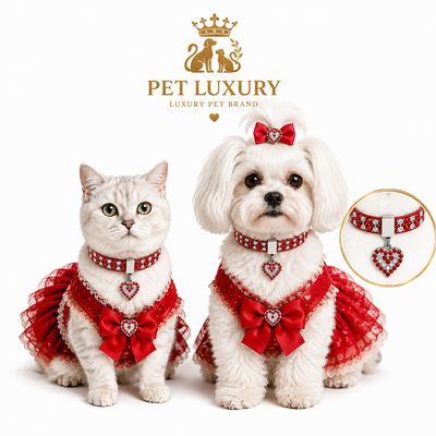 Pet Luxury VIP Red Bling Collar for Cats & Dogs | Rhinestone Heart Charm Glamour Collar | Designer Red Leather Pet Jewelry
