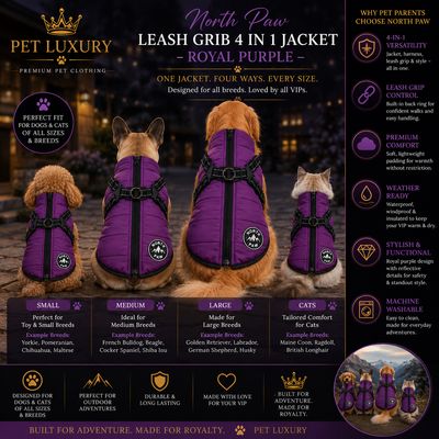 Pet Luxury: North Paw Leash Grib 4 in 1 Jacket – Royal Purple
