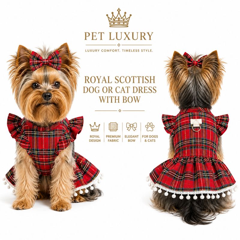 Pet Luxury's Royal Scottish Dog Or Cat Dress With Bow