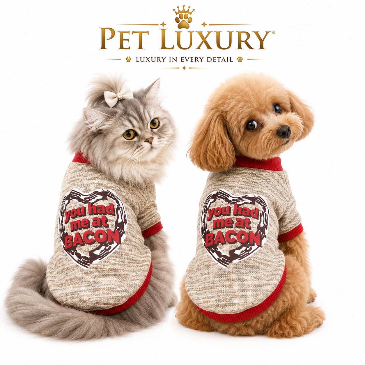 PET LUXURY You Had Me at Bacon Dog Shirt Cat Sweater - All-Season Knit Pet T-Shirt for Small Medium Dogs & Cats, Funny Foodie Outfit with Red Trim PET LUXURY You Had Me at Bacon Dog Shirt Cat Sweater - All-Season Knit Pet T-Shirt for Small Medium Dogs & Cats, Funny Foodie Outfit with Red Trim