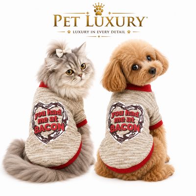 PET LUXURY You Had Me at Bacon Dog Shirt Cat Sweater - All-Season Knit Pet T-Shirt for Small Medium Dogs & Cats, Funny Foodie Outfit with Red Trim PET LUXURY You Had Me at Bacon Dog Shirt Cat Sweater - All-Season Knit Pet T-Shirt for Small Medium Dogs & Cats, Funny Foodie Outfit with Red Trim