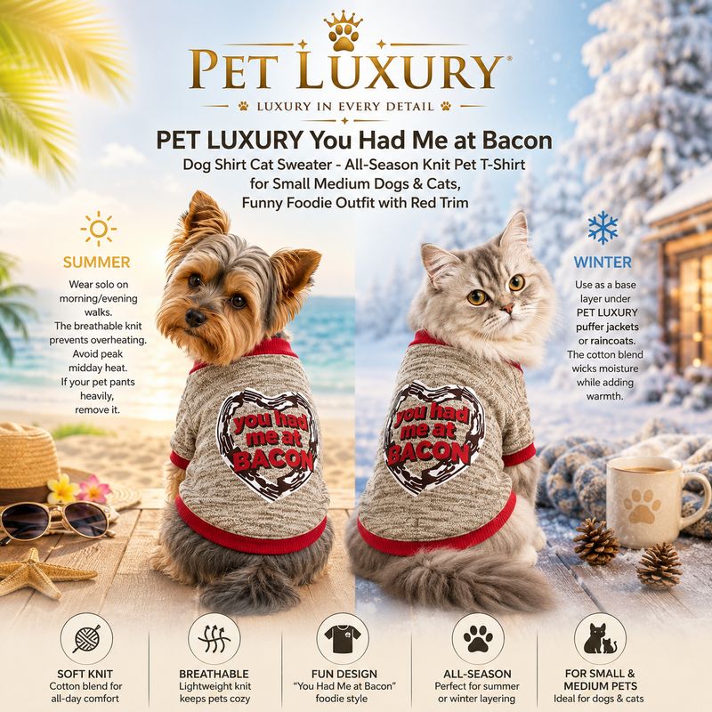 PET LUXURY You Had Me at Bacon Dog Shirt Cat Sweater - All-Season Knit Pet T-Shirt for Small Medium Dogs & Cats, Funny Foodie Outfit with Red Trim