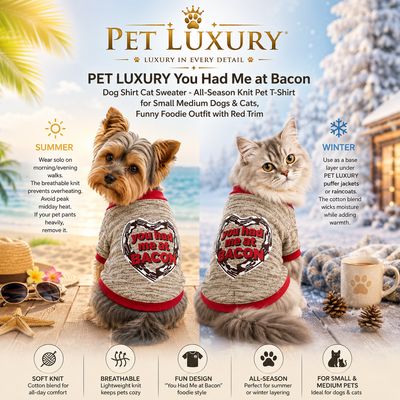 PET LUXURY You Had Me at Bacon Dog Shirt Cat Sweater - All-Season Knit Pet T-Shirt for Small Medium Dogs & Cats, Funny Foodie Outfit with Red Trim