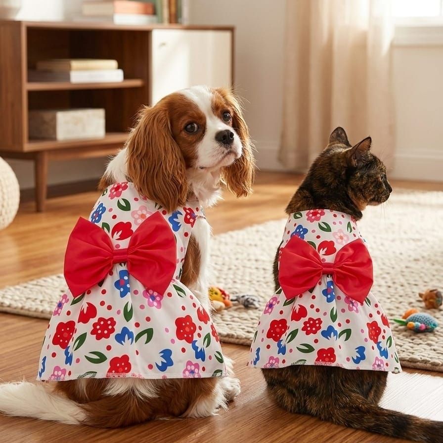 FURRY PAWS Pet Dress-Red and Blue