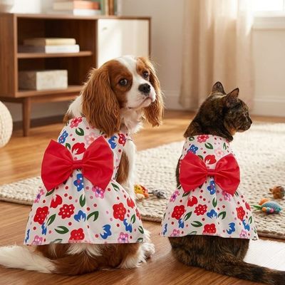 FURRY PAWS Pet Dress-Red and Blue