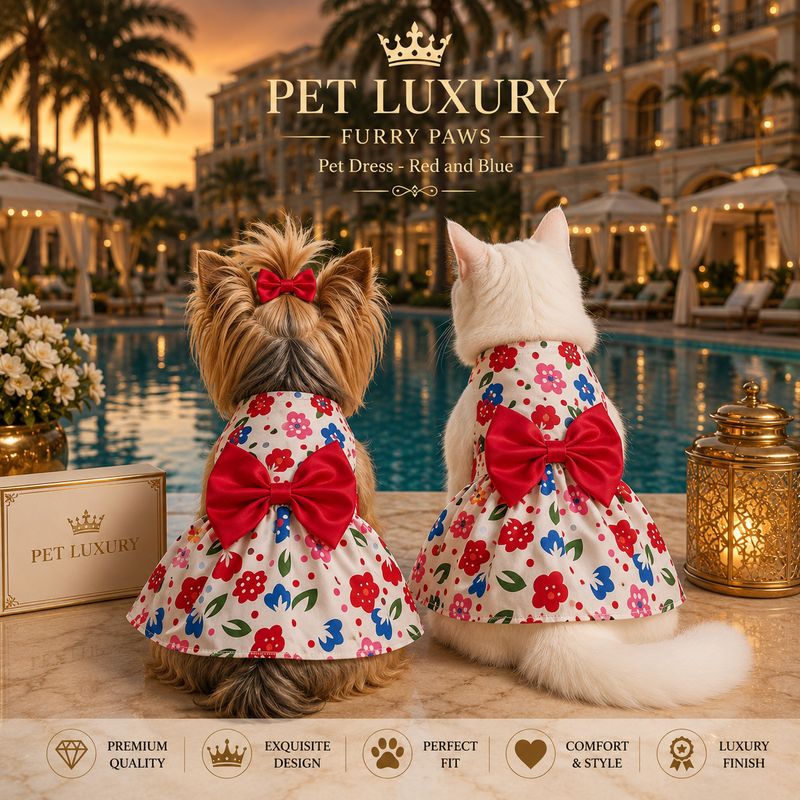 FURRY PAWS Pet Luxury Garden Bloom Sun Dress – Red & Blue
