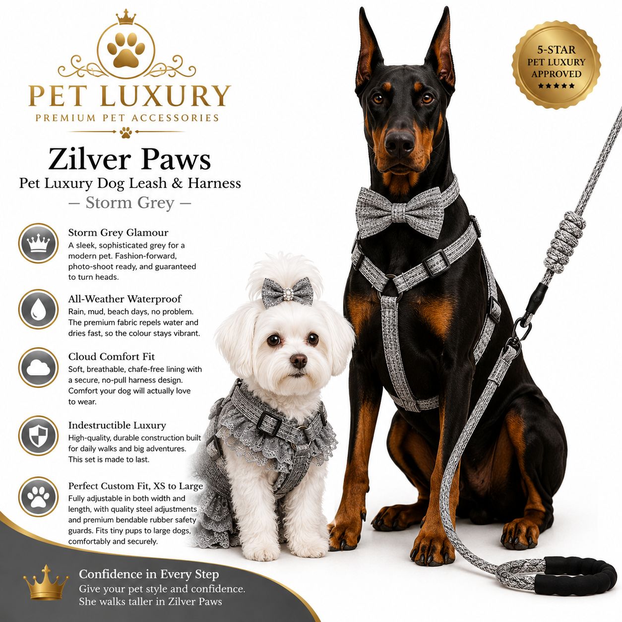 Zilver Paws Pet Luxury Dog Leash & Harness – Storm Grey
