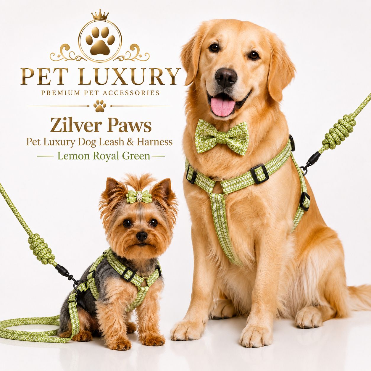Zilver Paws Pet Luxury Dog Leash & Harness – Lemon Royal Green