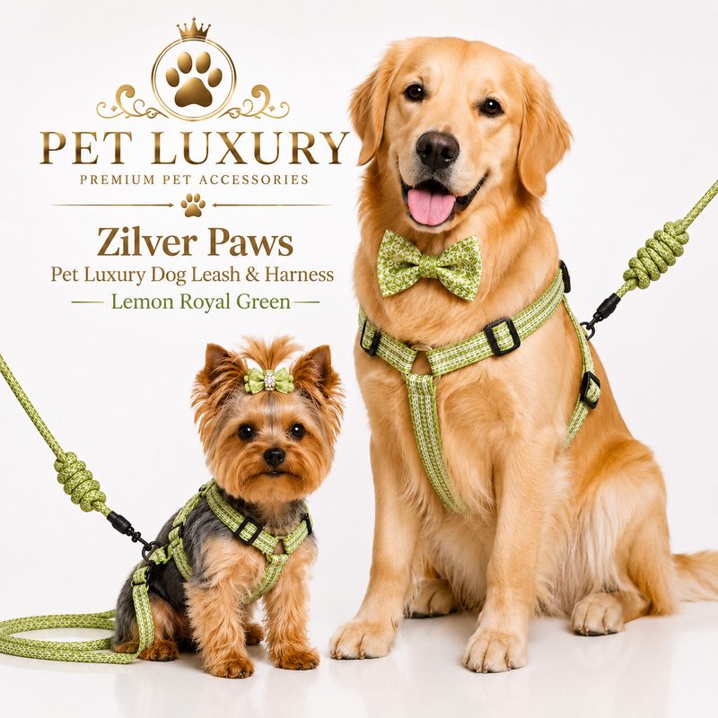 Zilver Paws Pet Luxury Dog Leash & Harness – Lemon Royal Green