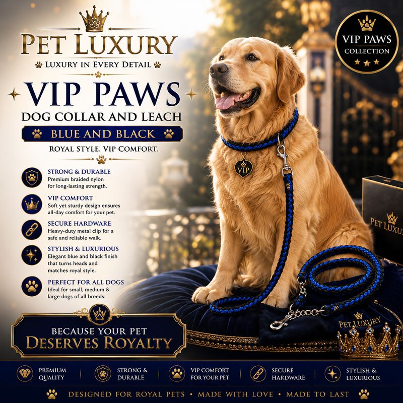 VIP PAWS Dog Collar and Leach - Blue and Black