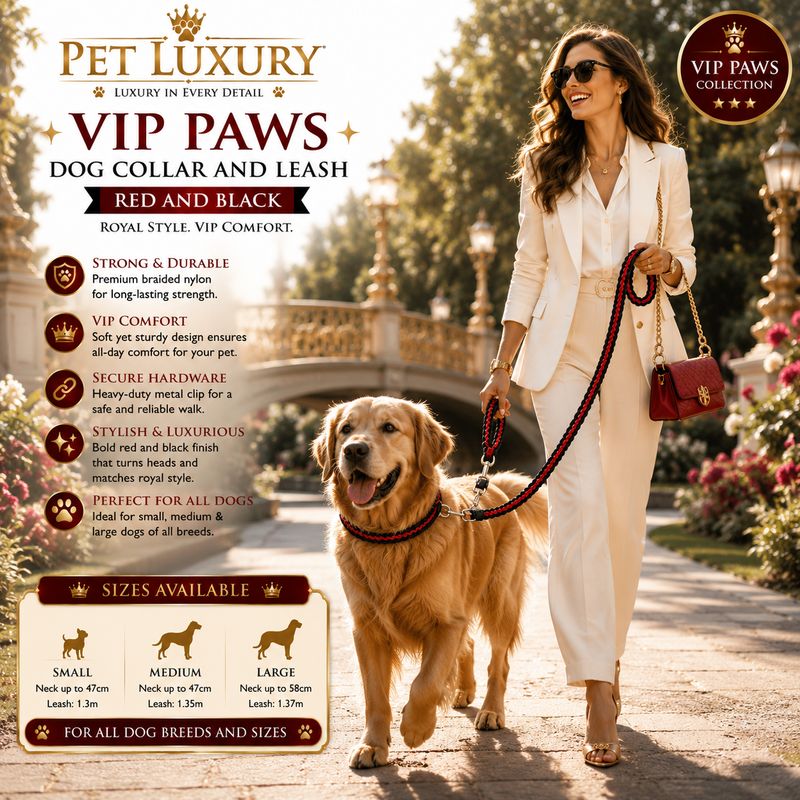 VIP PAWS Dog Collar And Leach - Red And Black