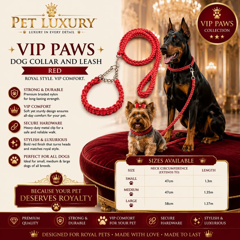 VIP PAWS Dog Collar And Leach - Red