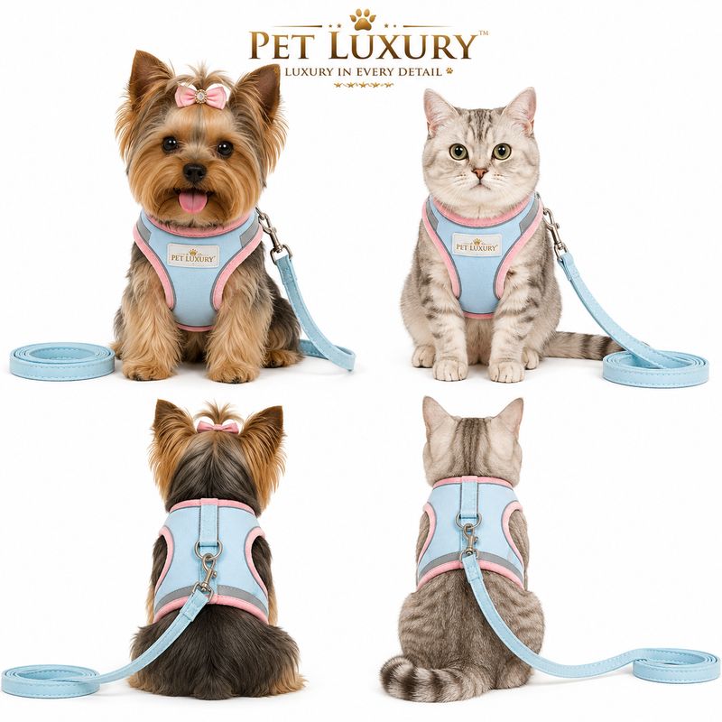 Pet Luxury No-Pull Dog Harness and Leash Set for Small Dogs & Cats – Soft Padded Vest, Reflective, Adjustable, Escape Proof Walking Harness with Handle, Pink Blue
