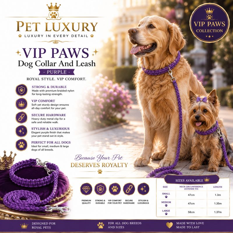 VIP PAWS Dog Collar And Leach - Purple