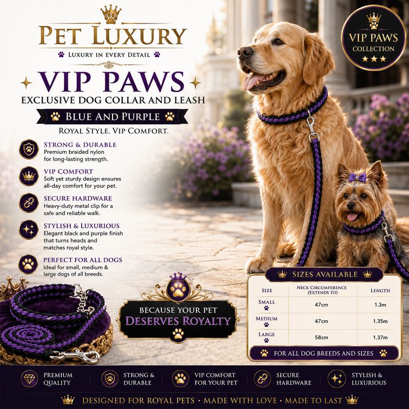 VIP PAWS Exclusive Dog Collar And Leach - Blue and Purple