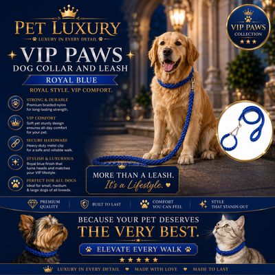 VIP PAWS Dog Collar And Leash - Royal Blue