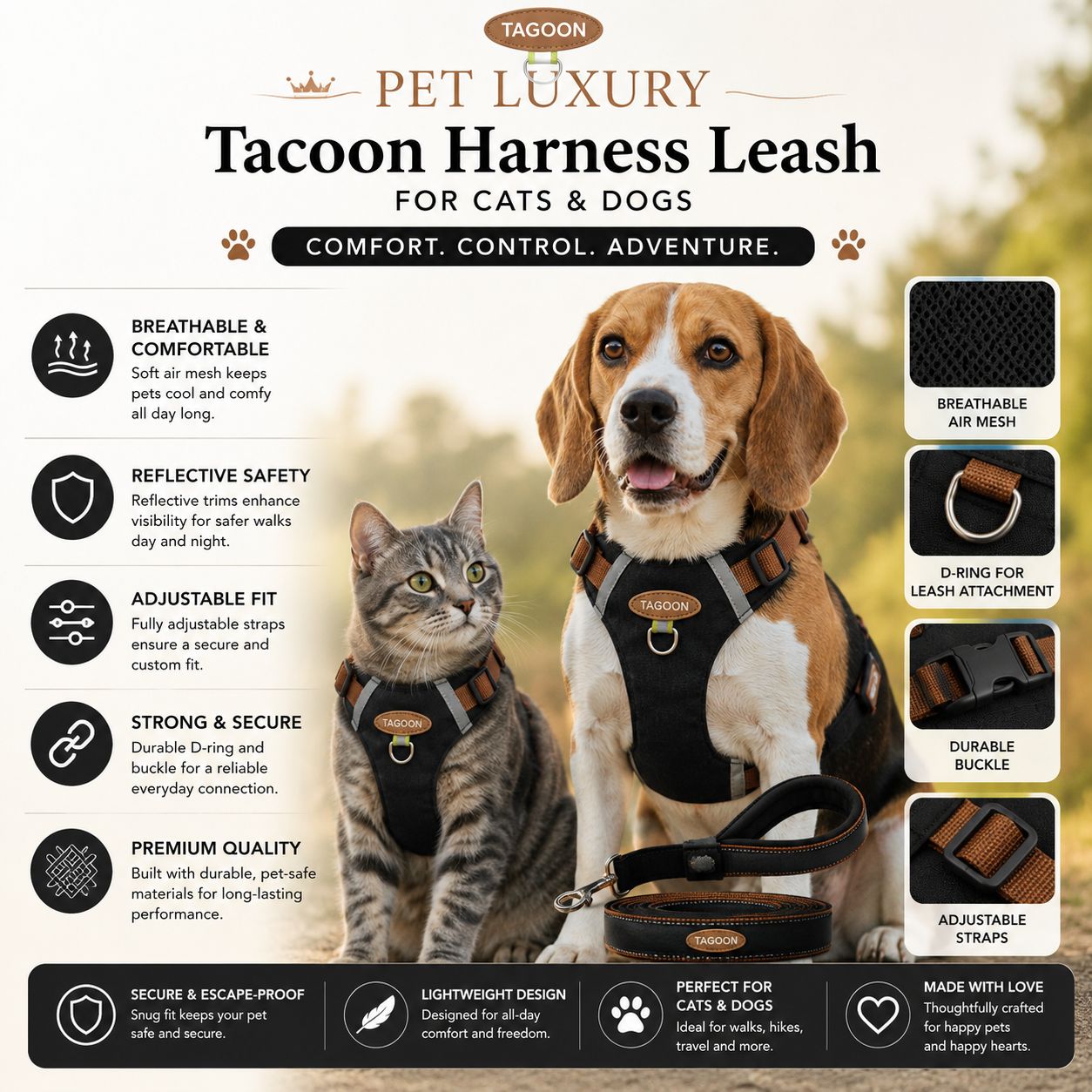 Pet Luxury Tacoon Harness leash for Cats and Dogs - Black