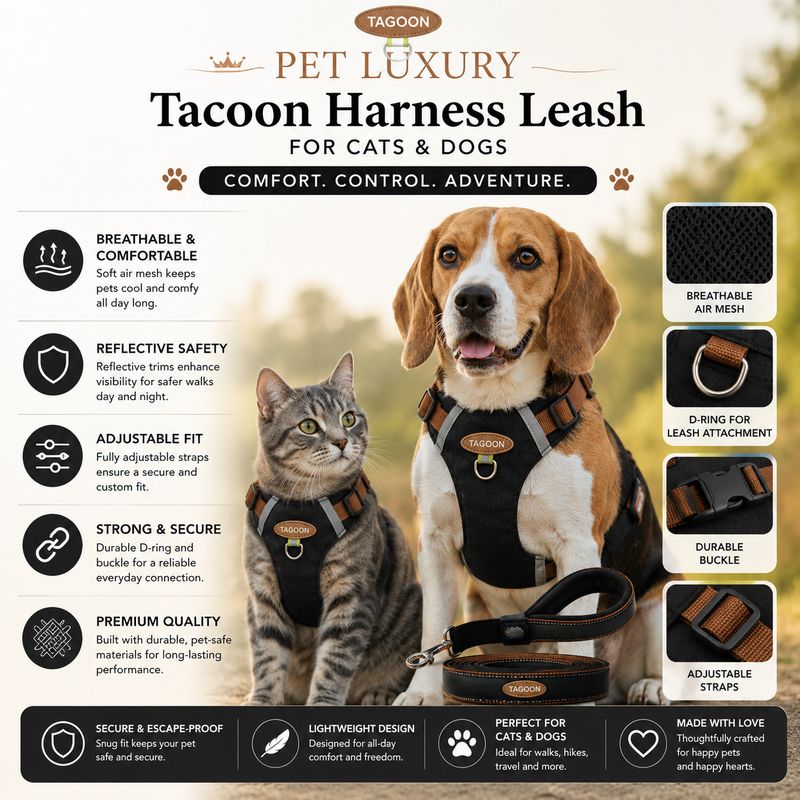 Pet Luxury Tacoon Harness leash for Cats and Dogs - Black Pet Luxury Tacoon Harness leash for Cats and Dogs - Black