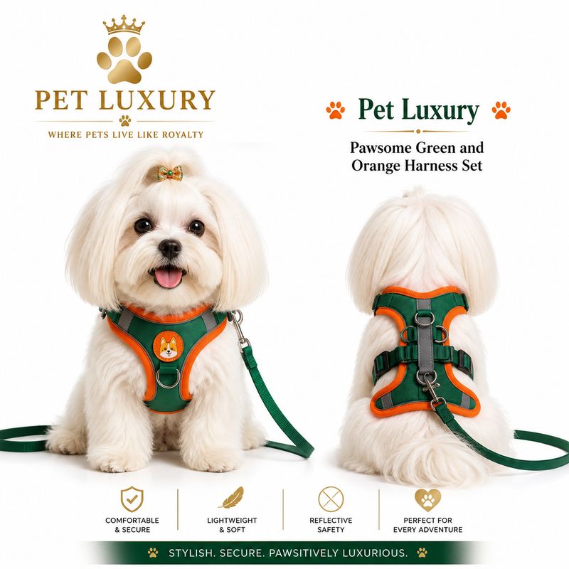 Pet Luxury Pawsome Green and Orange Harness Set