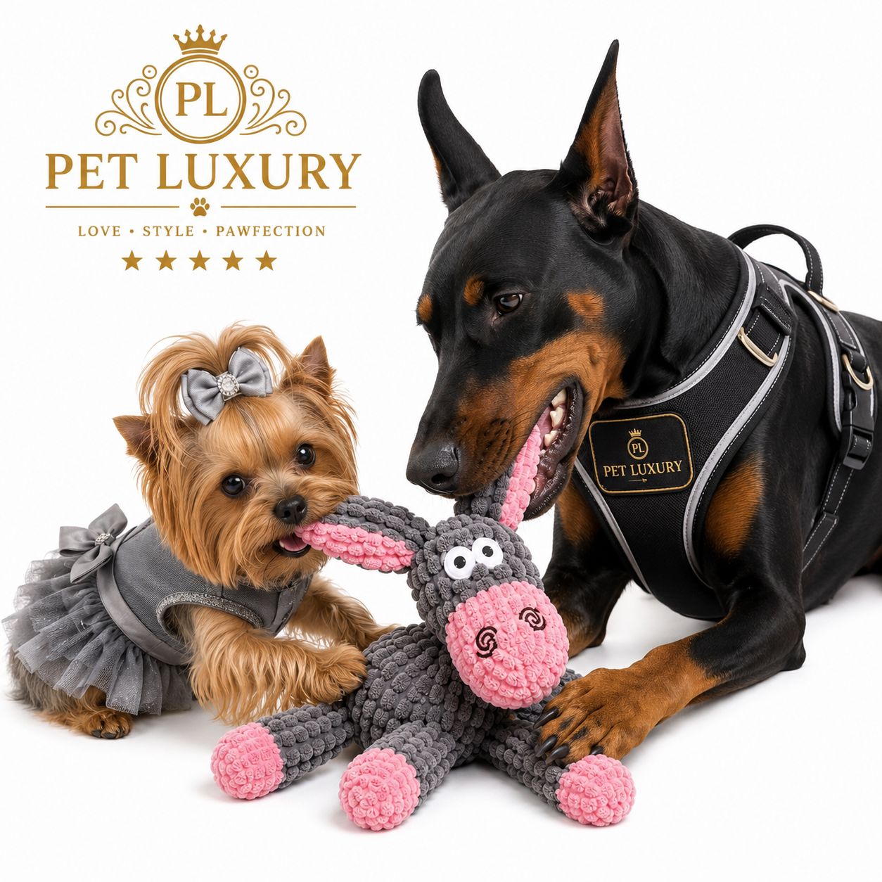 Pet Luxury's D-Donkey Farm Fam Plush Squeaking Toy – Pink & Gray Pet Luxury's D-Donkey Farm Fam Plush Squeaking Toy – Pink & Gray