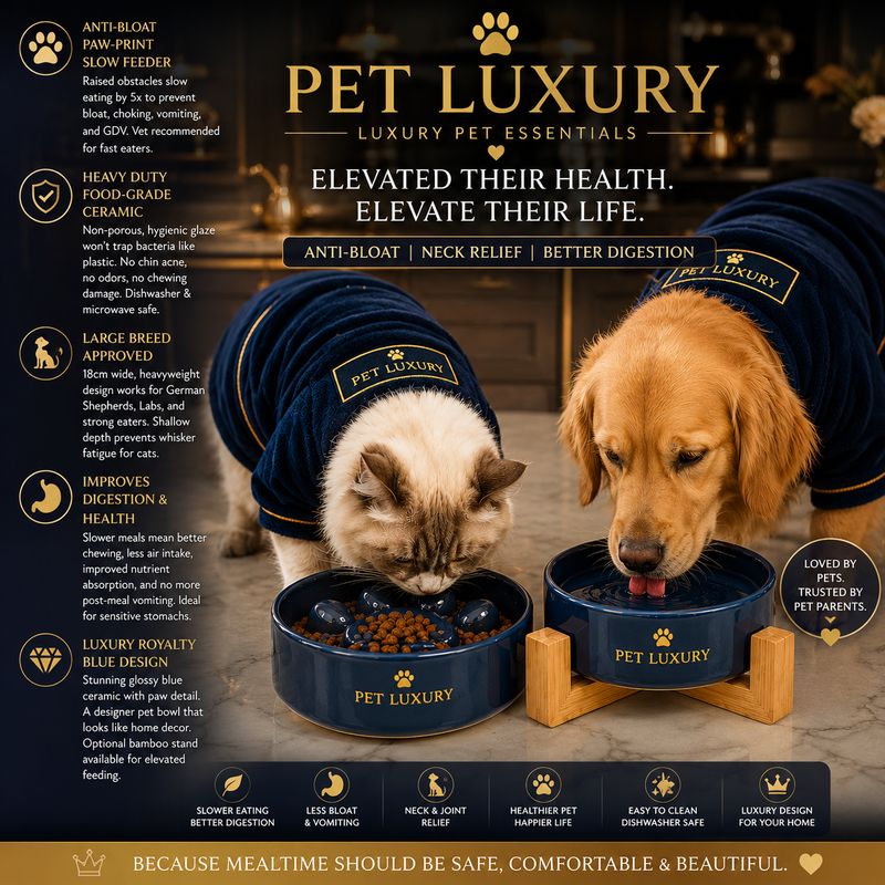 Royal Blue Ceramic Slow Feeder Dog Bowl for Cats & Dogs - Pet Luxury