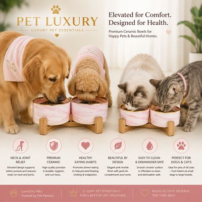 Ceramic Dog & Cat Bowl | Elevated Porcelain Pet Feeding Bowl for Neck Relief - Pet Luxury Pink Marble