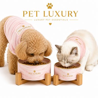 Ceramic Dog & Cat Bowl | Elevated Porcelain Pet Feeding Bowl for Neck Relief - Pet Luxury Pink Marble Ceramic Dog & Cat Bowl | Elevated Porcelain Pet Feeding Bowl for Neck Relief - Pet Luxury Pink Marble