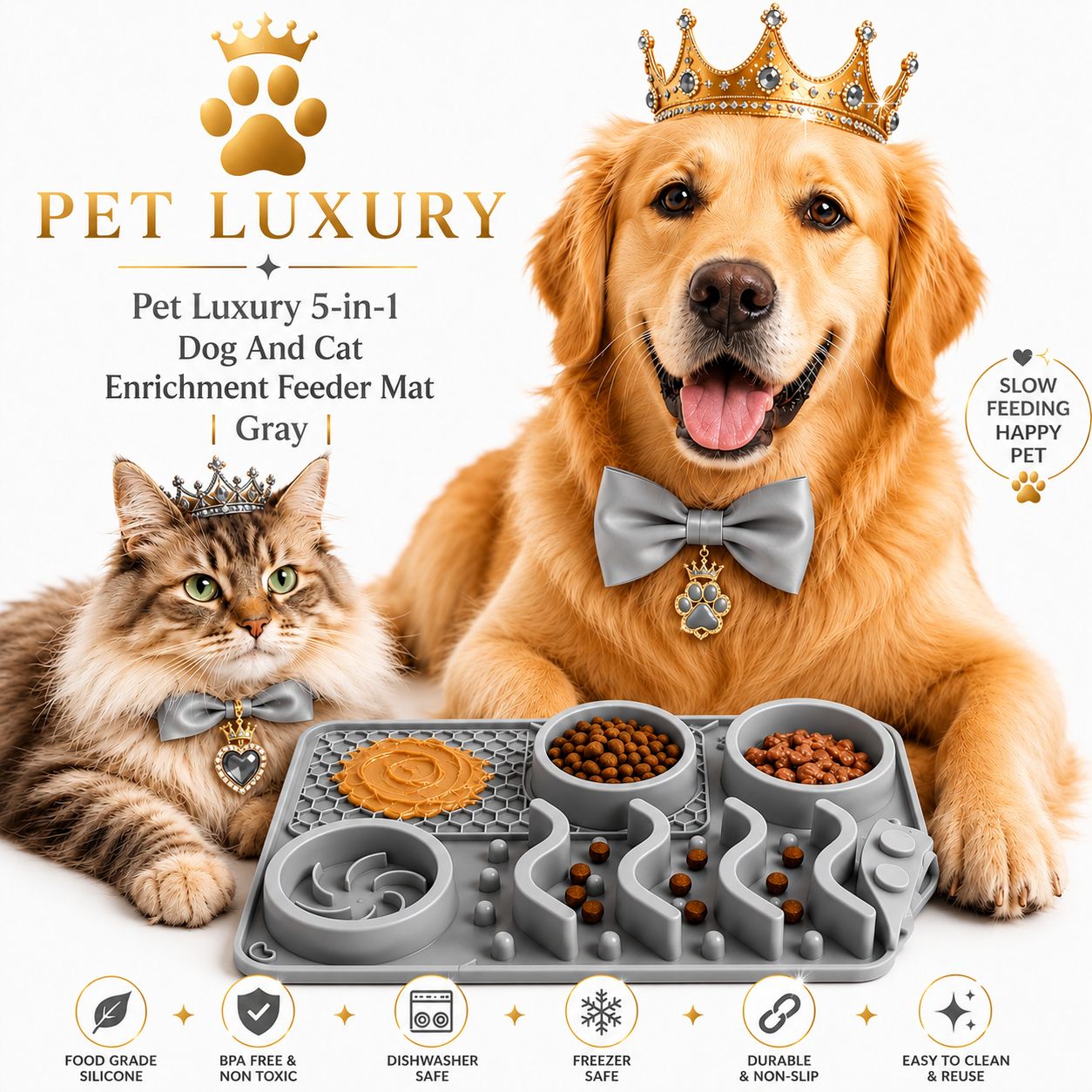 Pet Luxury 5-in-1 Dog And Cat Enrichment Feeder Mat | Gray