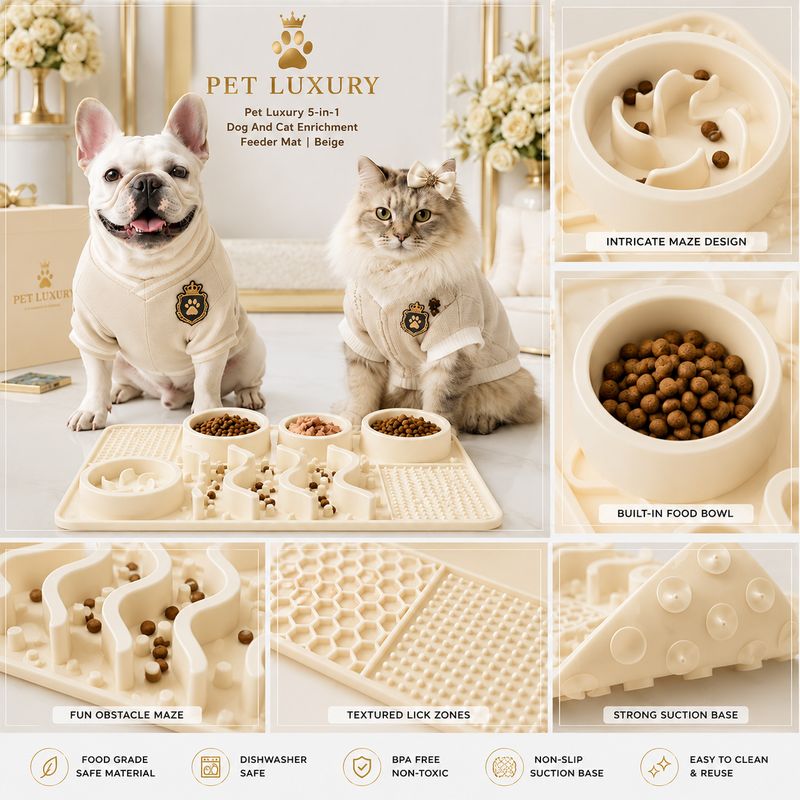 Pet Luxury 5-in-1 Dog And Cat Enrichment Feeder Mat | Beige
