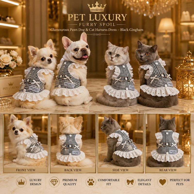 Glamourous Paws Dog & Cat Harness Dress – Black Gingham