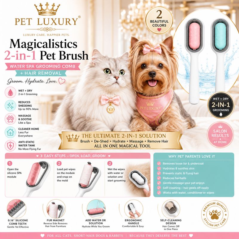 Magicalistics 2-in-1 Pet Brush - Aqua Blue Green | Water Spa Grooming Comb + Hair Removal for Cats & Dogs | Anti-Static
