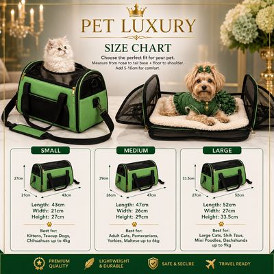 Pet Luxury™ Pet Travel Time Bag - Green | Premium Duffle Pet Carrier for Cats & Small Dogs | Vet, Park & Weekend Getaways | S M L