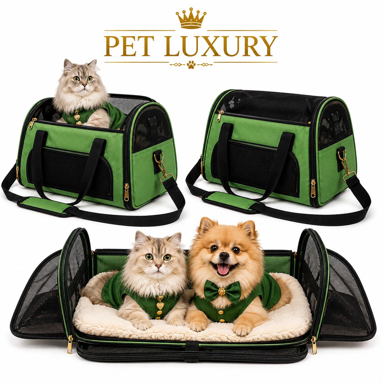 Pet Luxury™ Pet Travel Time Bag - Green | Premium Duffle Pet Carrier for Cats & Small Dogs | Vet, Park & Weekend Getaways | S M L