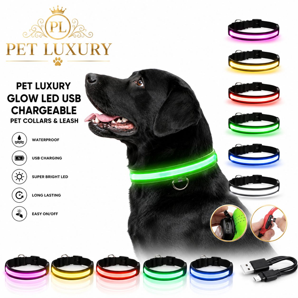 Pet Luxury Glow LED USB Chargeable Pet Collars Leash - Green