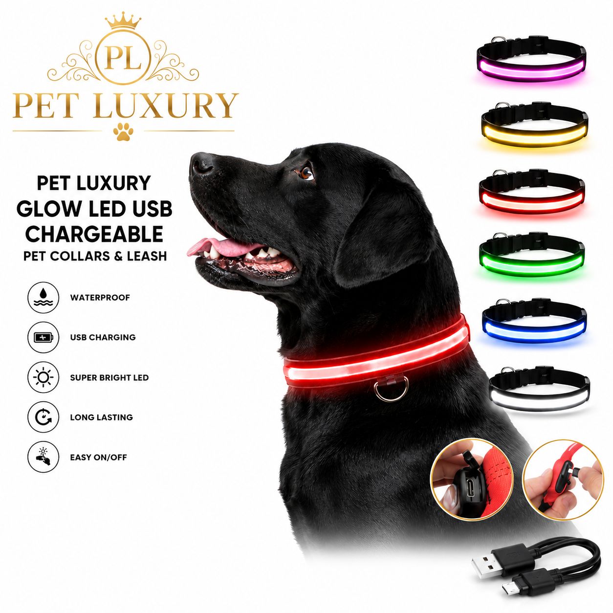 Pet Luxury Glow LED USB Chargeable Pet Collars Leash - Red Pet Luxury Glow LED USB Chargeable Pet Collars Leash - Red