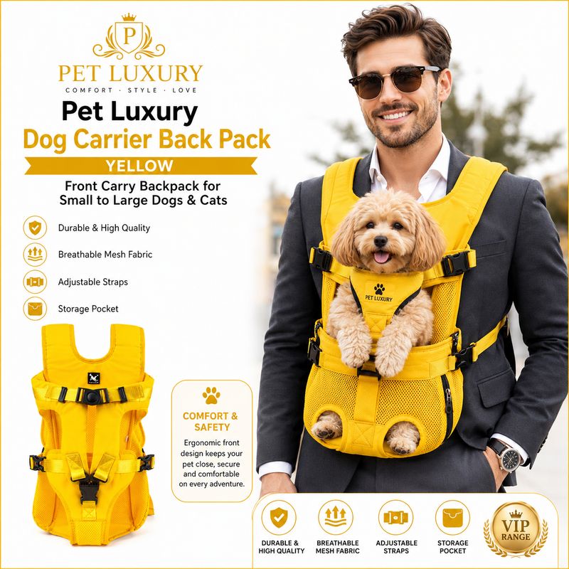 Pet Luxury Dog Carrier Back Pack - Yellow | Front Carry Backpack for Small to Large Dogs & Cats