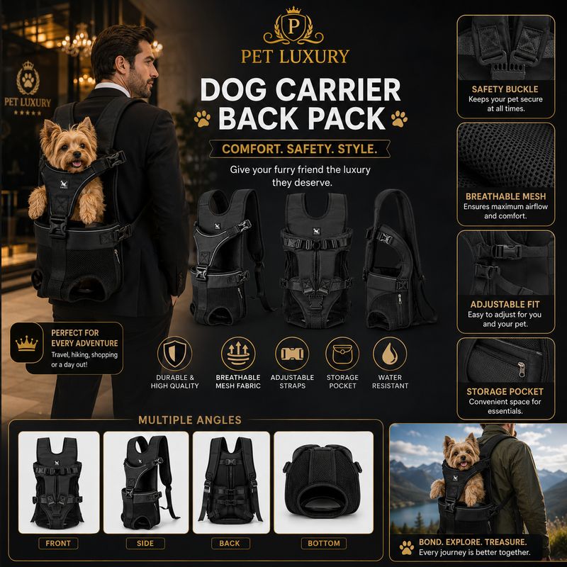 Pet Luxury Dog Carrier Back Pack - Black | Front Carry Backpack for Small to Large Dogs & Cats