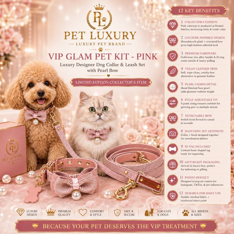 VIP Glam Pet Kit - Pink | Luxury Designer Dog Collar & Leash Set with Pearl Bow | Limited Edition Collector's Item