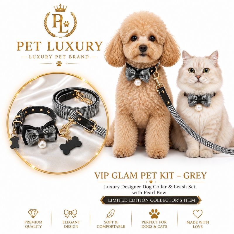 VIP Glam Pet Kit - Gray | Luxury Designer Dog Collar & Leash Set with Pearl Bow | Collector's Edition Houndstooth VIP Glam Pet Kit - Gray | Luxury Designer Dog Collar & Leash Set with Pearl Bow | Collector's Edition Houndstooth