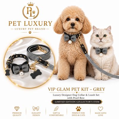 VIP Glam Pet Kit - Gray | Luxury Designer Dog Collar & Leash Set with Pearl Bow | Collector's Edition Houndstooth