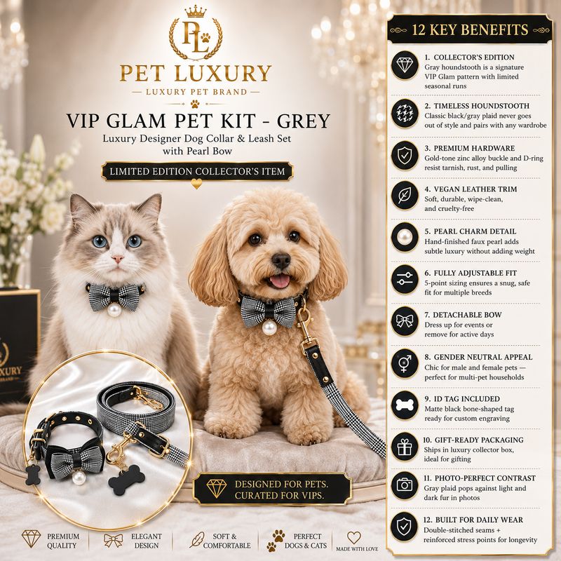 VIP Glam Pet Kit - Gray | Luxury Designer Dog Collar & Leash Set with Pearl Bow | Collector's Edition Houndstooth