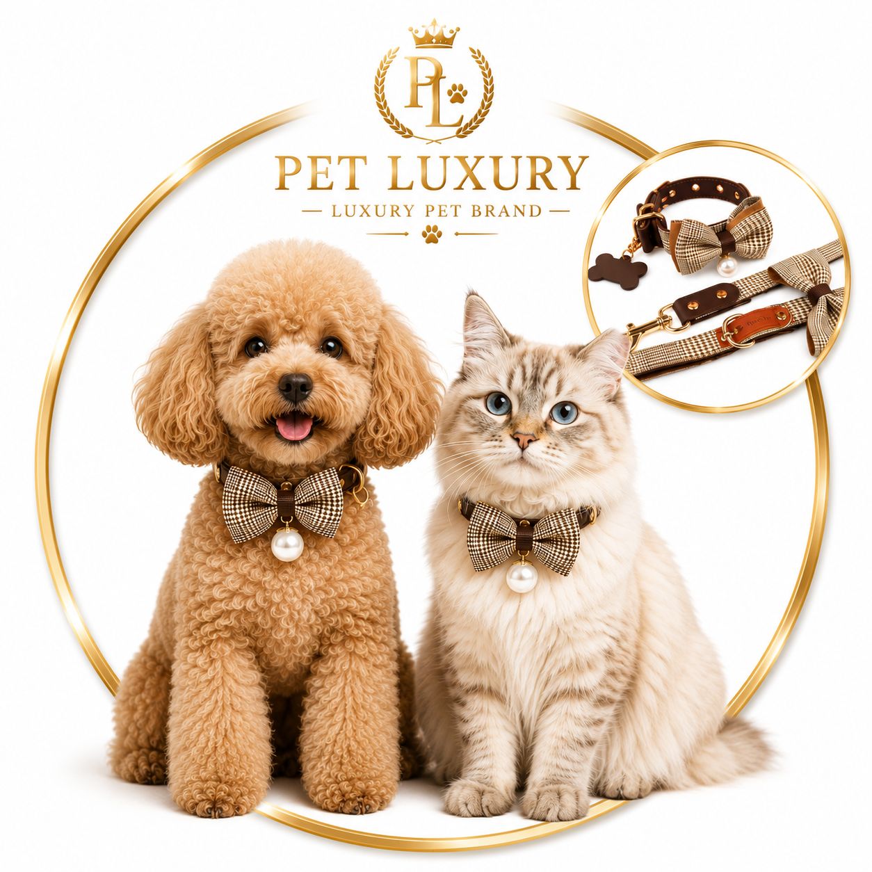 VIP Glam Pet Kit - Brown | Luxury Houndstooth Dog Collar & Leash Set with Pearl Bow | Collector's Edition
