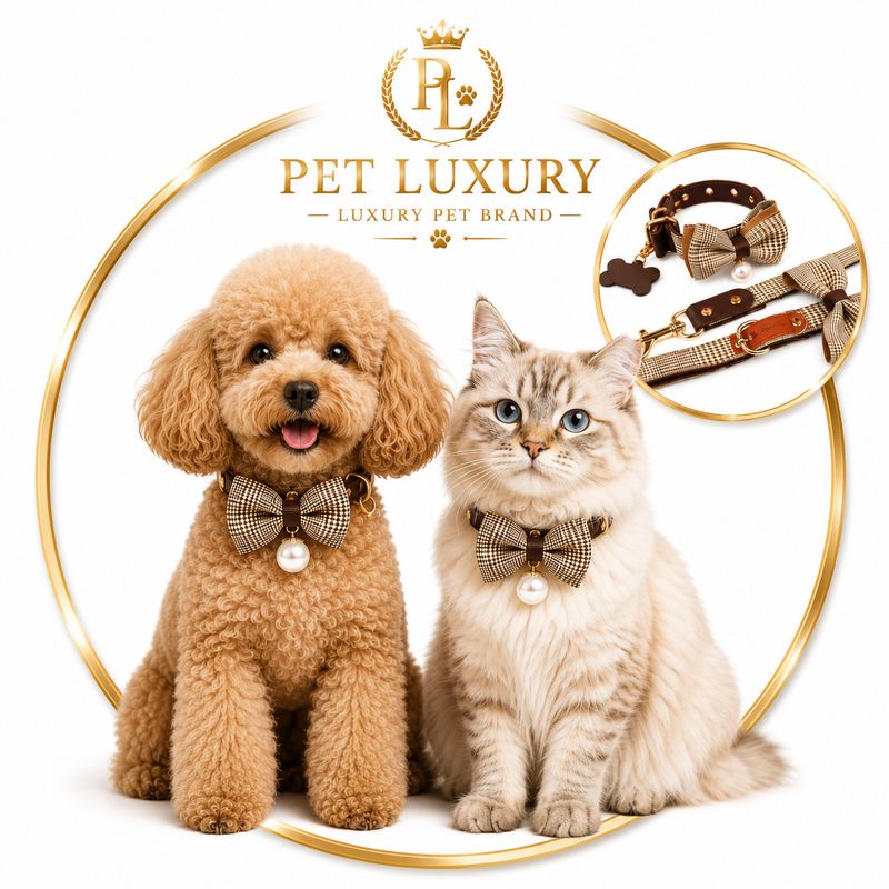 VIP Glam Pet Kit - Brown | Luxury Houndstooth Dog Collar & Leash Set with Pearl Bow | Collector's Edition