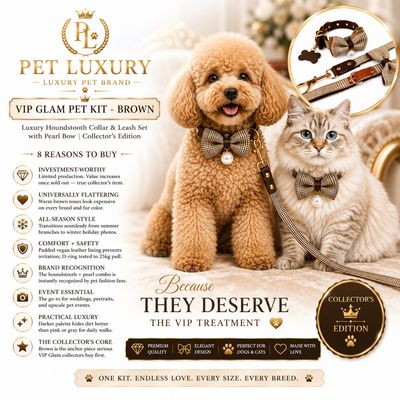VIP Glam Pet Kit - Brown | Luxury Houndstooth Dog Collar & Leash Set with Pearl Bow | Collector's Edition