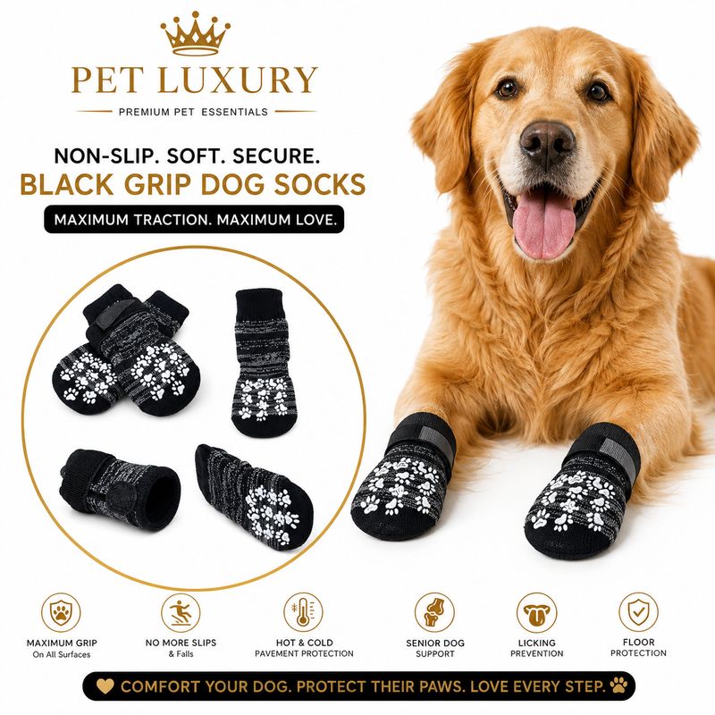 Pet Luxury Paws & Threads Dog Grip Socks for Slippery Floors, Anti-Slip Paw Protectors with Rubber Grips & Velcro Straps for Senior Dogs, Hot Pavement Paw Cover, Grey And Black