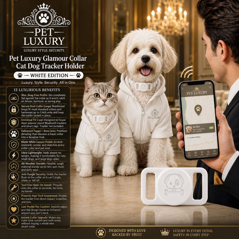 Pet Luxury Glamour Collar Cat Dog Tracker Holder – White Edition