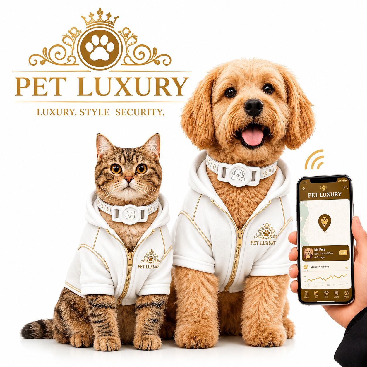 Pet Luxury Glamour Collar Cat Dog Tracker Holder – White Edition