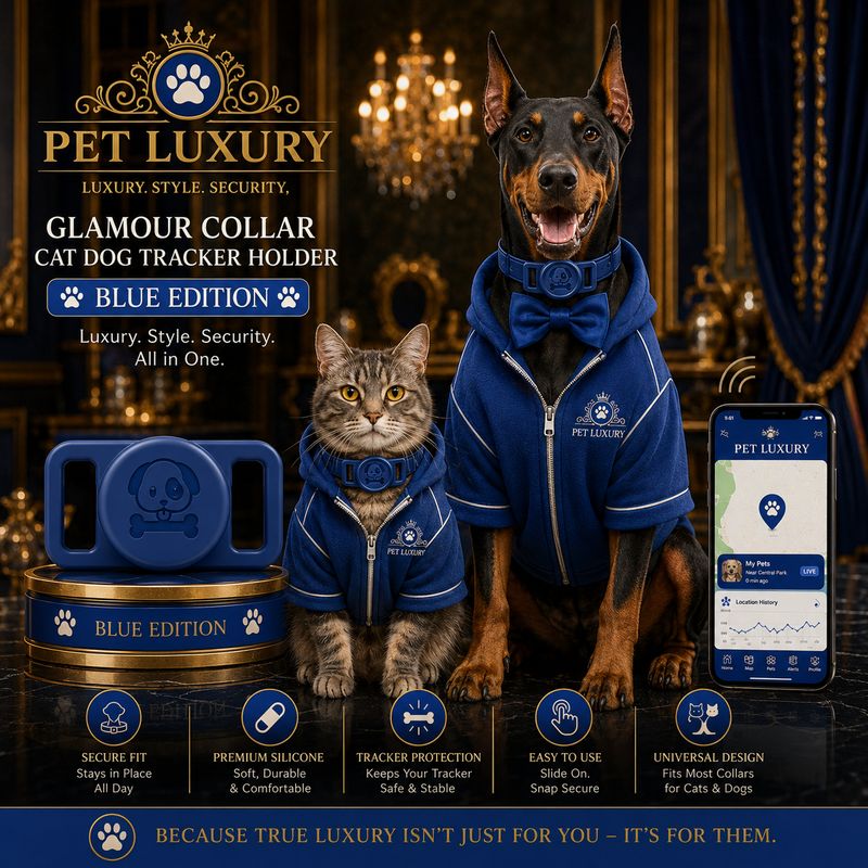 Pet Luxury Glamour Collar Cat Dog Tracker Holder – Blue Edition