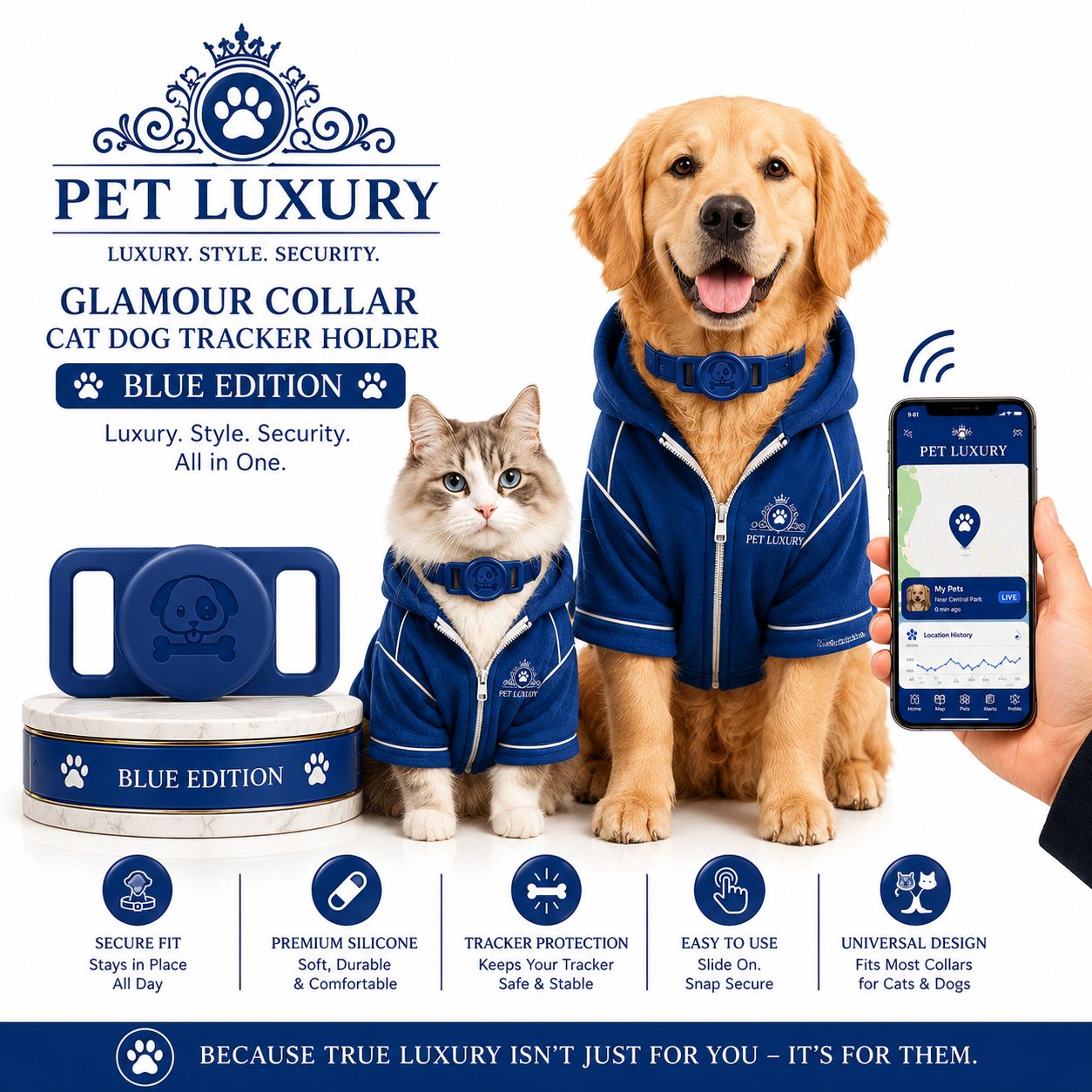 Pet Luxury Glamour Collar Cat Dog Tracker Holder – Blue Edition Pet Luxury Glamour Collar Cat Dog Tracker Holder – Blue Edition