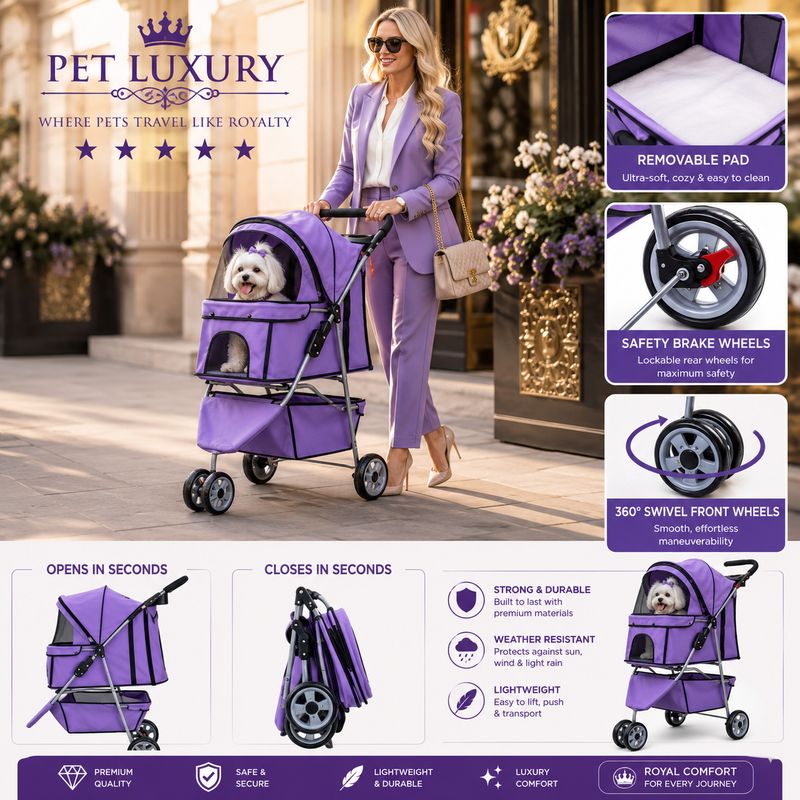 Pet LUXURY Royal Amethyst Dog & Cat Stroller – 5 Star Edition